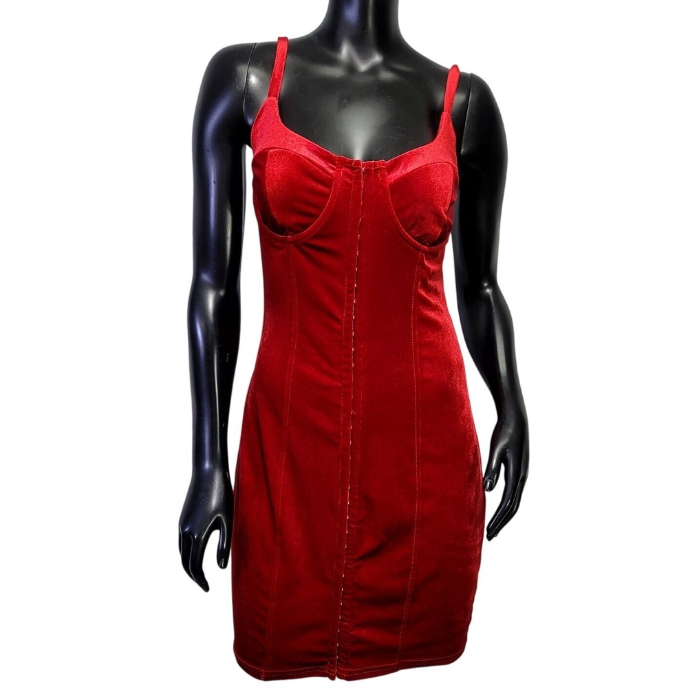 Blanc Clothing Red Velvet‎ Corset Mini Dress Hook Eye Bodycon L Glam Cocktail